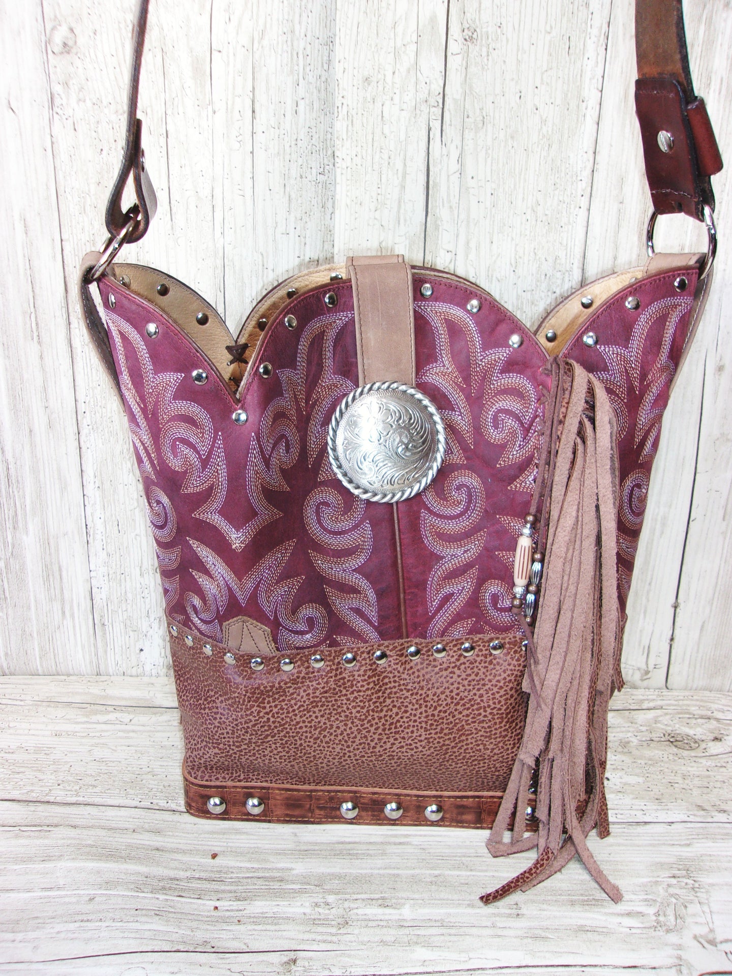Top Shelf Cowboy Boot Purse with Fringe TS287 handcrafted from cowboy boots. Shop at ChrisThompsonBags.com and buy the best boot top purse, Country Chic, country fashion, country style, cowboy boot lover, cowboy boot purse, Cowgirl Chic, cowgirl style, luxury handbag, rodeo purse, western chic, western fashion, western style at Chris Thompson Bags.